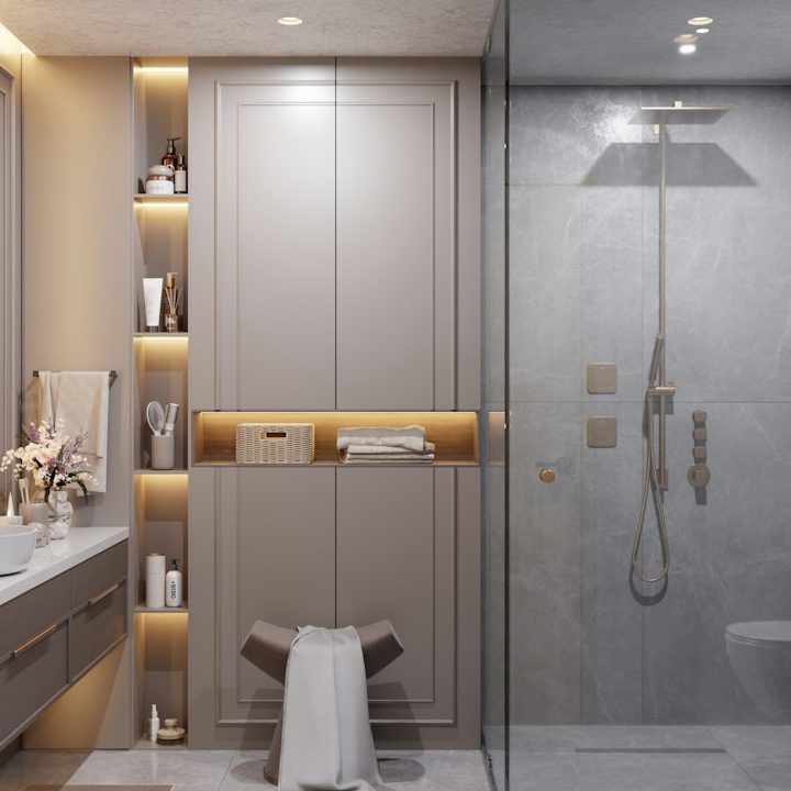 Elegantes Bad in Steinoptik mit großer Walk-in-Dusche